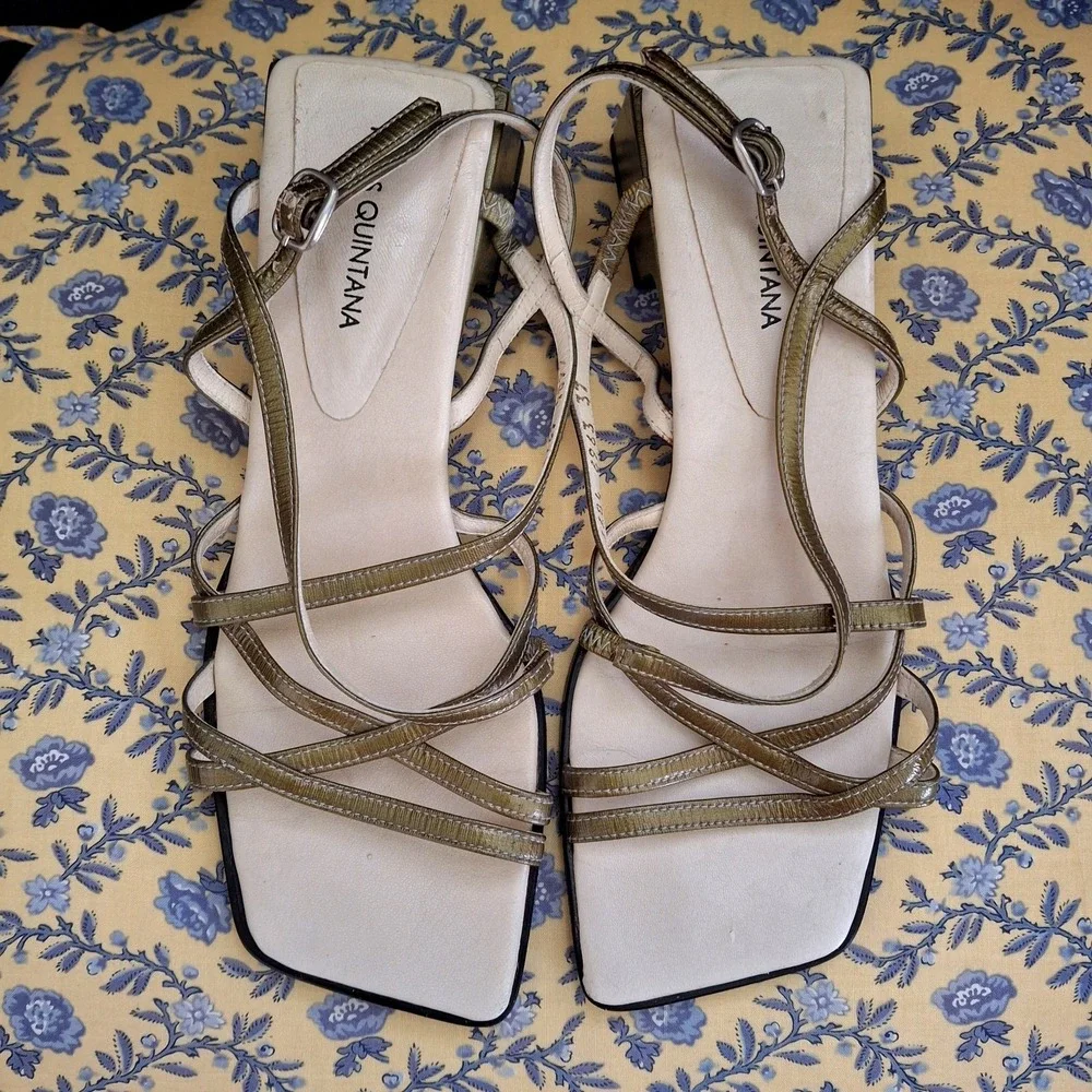 Y2K Vintage Pons Quintana Olive Square Toe Luxury‎ Block Heel Strappy Sandals 37